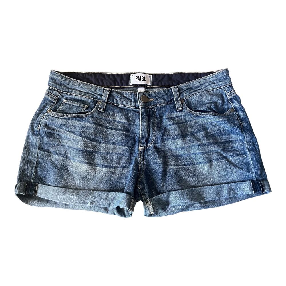 Paige Toni 3" cutoff rolled cuff blue denim jean mini shorts size 27 - Picture 2 of 4